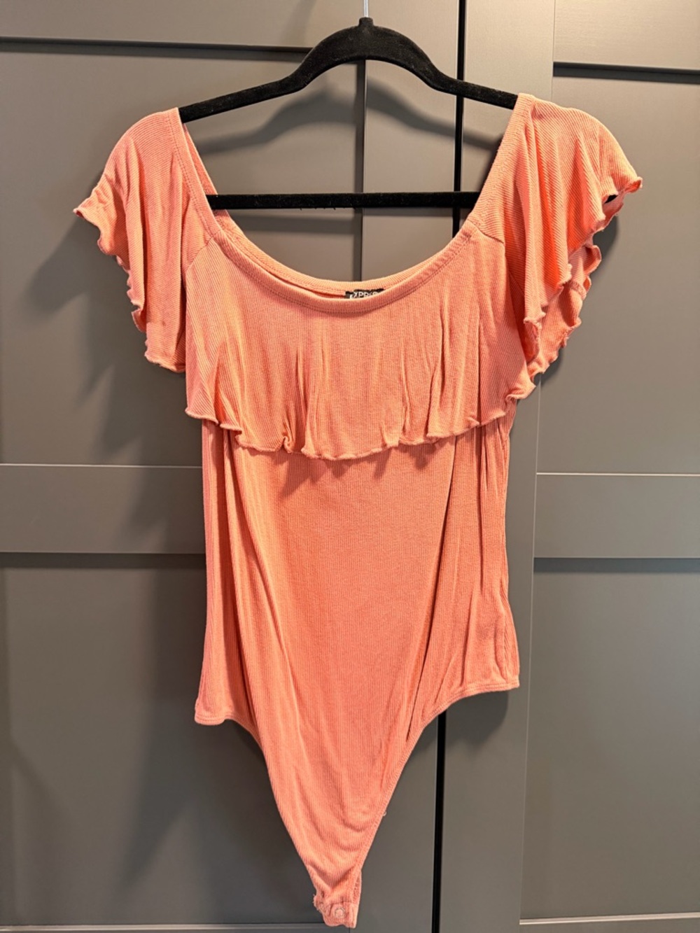Express Coral/pink Ruffle Off-Shoulder Bodysuit